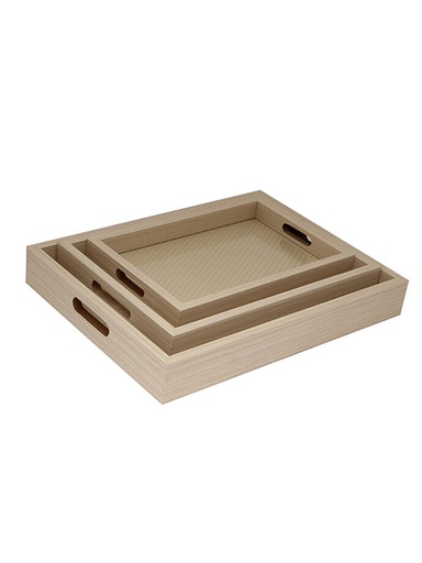 [BP321B] Set de 3 Bandejas de Madera con Fondo de Vidrio y Manijas Beige