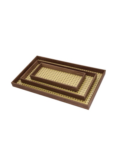 [BP322O] Set de 3 Bandejas de Madera con Fondo de Vidrio Ratan Marrón Oscuro