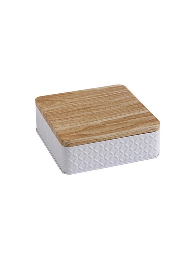 [LT3025B] Lata Organizadora con Tapa de Madera Chata Blanco